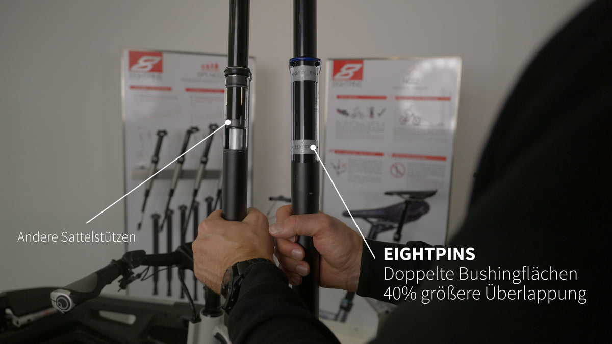 Vergleich der Gleitlager Größe und Abstand zwischen Eightpins Sattelstütze und herkömmlicher Rohr in Rohr in Rohr Teleskopsattelstütze.