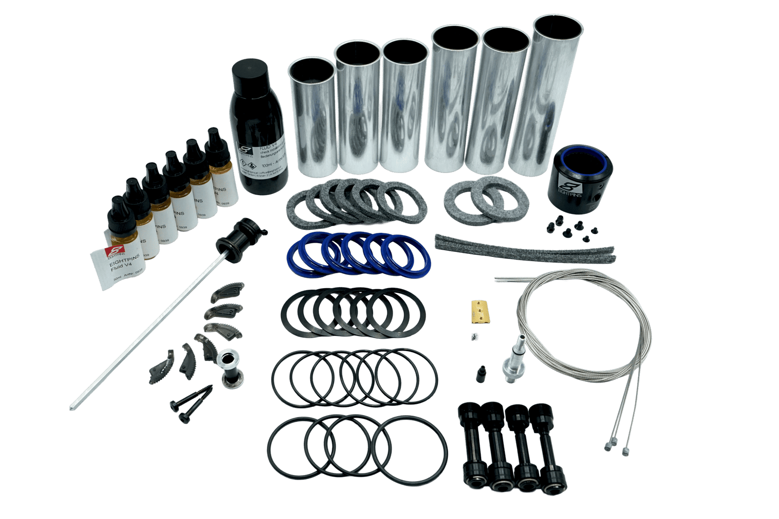 Eightpins Ersatzteilkit für Händler mit Bushings, Postpin, Adjusting Cylinder, Abstreiger, Seilzug, Labeltube, Eightpins Fluid V4