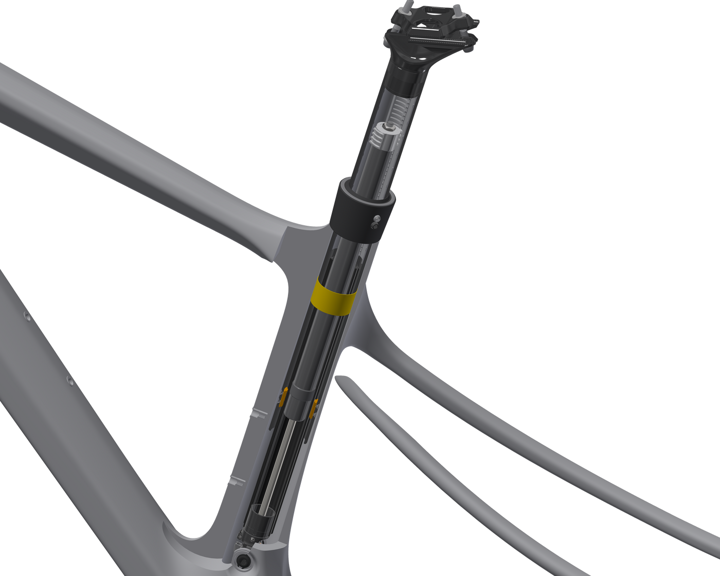 Bild zeigt einen offenen Querschnitt eines Ghost Lector Carbon Fahrrad Rahmens mit  einer Eightpins H01 Sattelstütze.