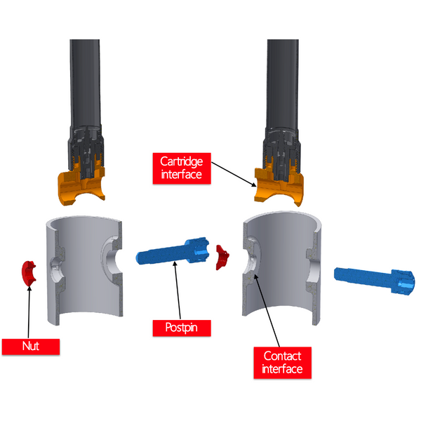 Bild zeigt den Querschnitt und eine Explosionszeichnung der neuen Eightpins Carbon Rahmen Postpin Achse zur Darstellung des neuen und einfacheren Integrationsstandards.