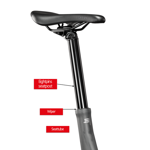 Bild zeigt das obere Ende eine Carbon Sitzrohrs eines Rotwild REX 900 Fahrrad Rahmens mit der neuen Eightpins Carbon Vollintegration.