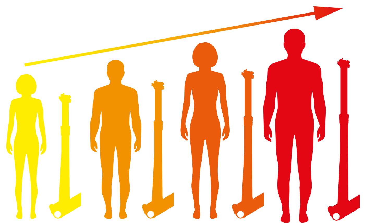Symbolbild mit den Umrissen vier verschieden großer Personen zur mit Umrissen von Eightpins Sattelstützen zwischen den Personen zur Darstellung der Größen Flexibilität des Eightpins ISPS Standards.